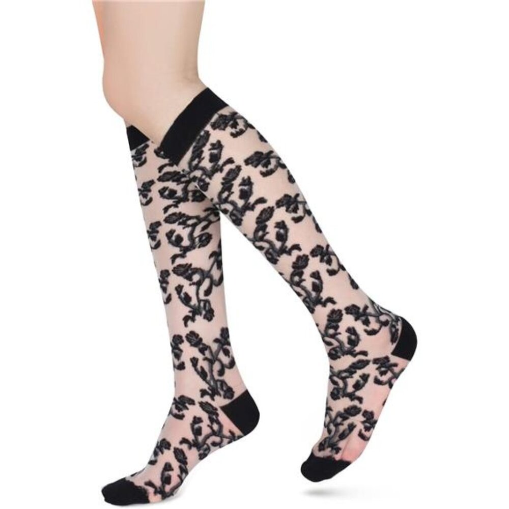 Sheer Knee High Socks Black flowers Stockings Nylon - Picture 1 of 7